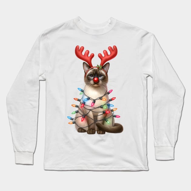 Christmas Red Nose Siamese Cat Long Sleeve T-Shirt by Chromatic Fusion Studio